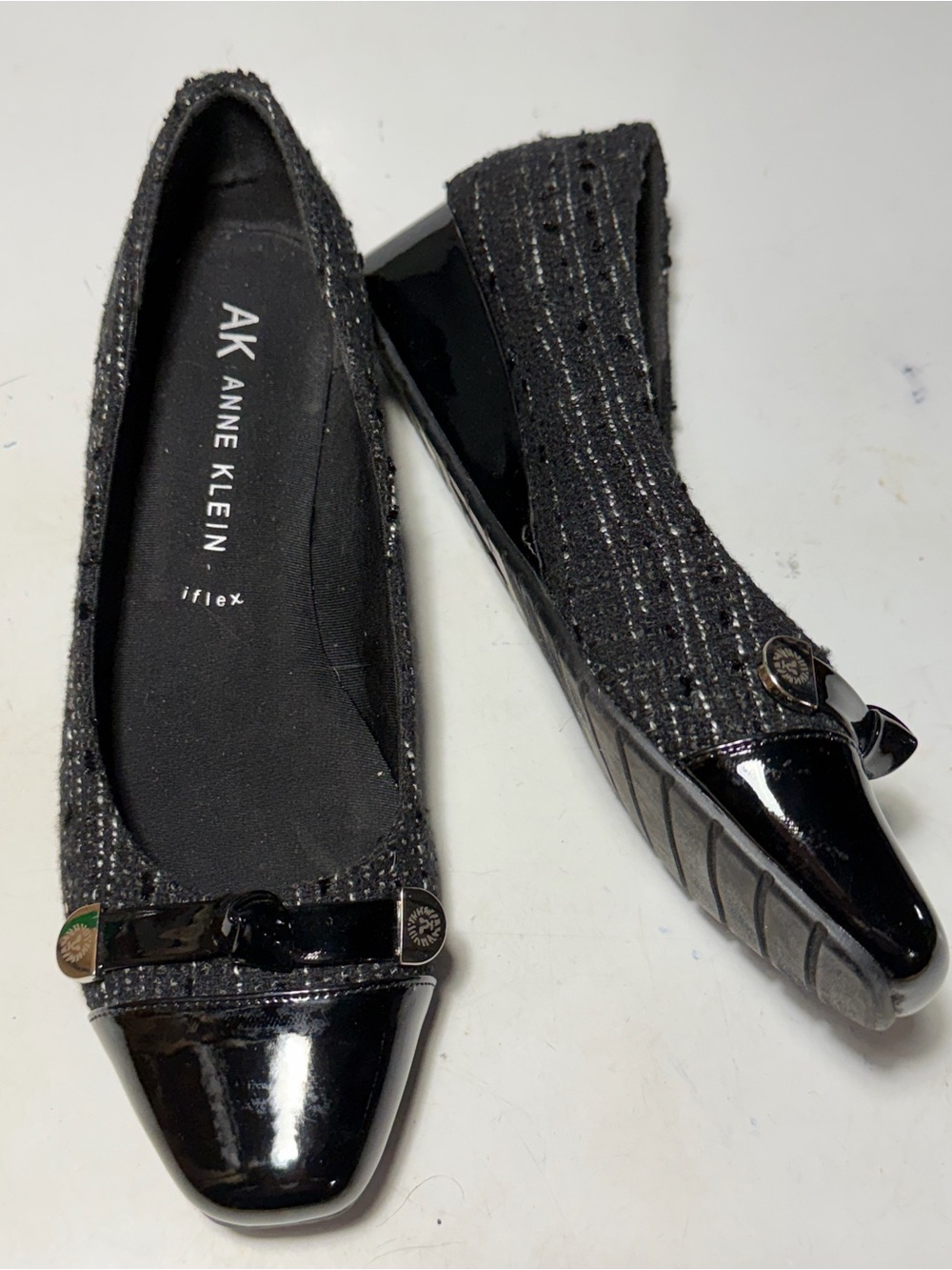 Anne Klein 11 Women’s Black Tweed Loafer  with Patent Cap-Toe